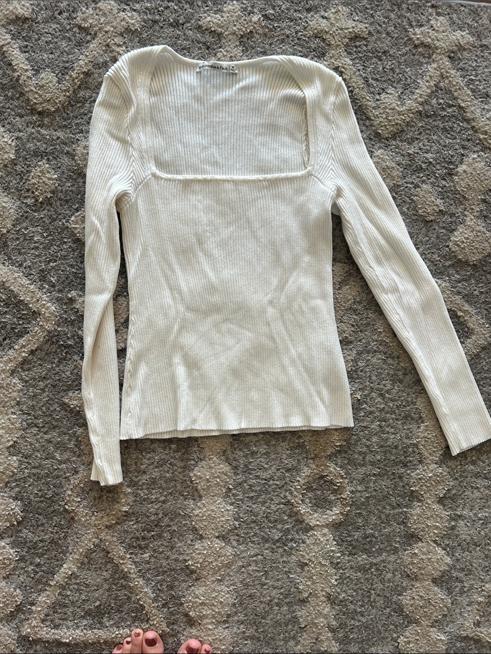 Abercrombie & Fitch Ivory Ribbed Square-Neck Long Sleeve Top